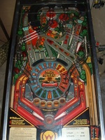 Image # 46066: High Speed Playfield 
(The orange triangular light shield in the upper left playfield is not original to this game.)