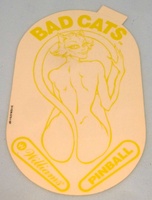 Image # 70330: Bad Cats Promotional Decal - Image Reversed 
(This clear decal is reverse-printed to go inside the playfield glass. The factory part number is 31-1526-575-1-SP. Measures approximately 10 x 6 inches. The tab at the top allows easy removal of the paper backing.)