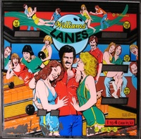 Image # 42531: Laser Ball Pre-Production Backglass 
(In the center is Mike Stroll, Company President, with models Nancy Rudd and Nancy Trit. The dark-haired man on the left is artist Connie Mitchell. The green-shirted man on the right is Engineering Manager Chuck Bleich. The red-shirted man on the right possibly is artist Tony Ramunni.)