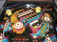 Image # 26033: Meteor Upper Playfield 
(The spinning target is not original to this game.)