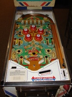 Image # 48722: North Star Sample Game - Playfield 
(The two passive bumpers at the very top of the playfield have blue skirts. Their caps should also be blue. Cabinet has partial serial number ending with '076 S'.)