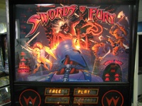 Image # 32694: Swords of Fury Prototype - Illuminated Backglass 
(Serial number X150006.)