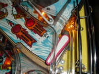 Image # 49431: White Water Early Production Upper Playfield - Detail 
(Just like the game in the flyer, there is no playfield art behind the flipper. Serial number 100085.)