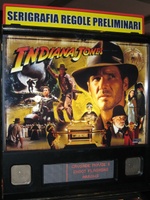 Image # 42300: Indiana Jones Sample Game - Illuminated Backglass 
(Backbox topper reads 'preliminary graphics and game rules'. Serial number E 216297.)