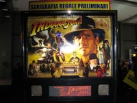 Image # 42301: Indiana Jones Sample Game - Illuminated Backglass 
(Backbox topper reads 'preliminary graphics and game rules'. Serial number E 216297.)