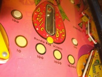 Image # 48474: Doodle Bug Early Production Playfield - Detail 
(The yellow rollover button below the doodle bug is not original to this game. Serial number 65420.)